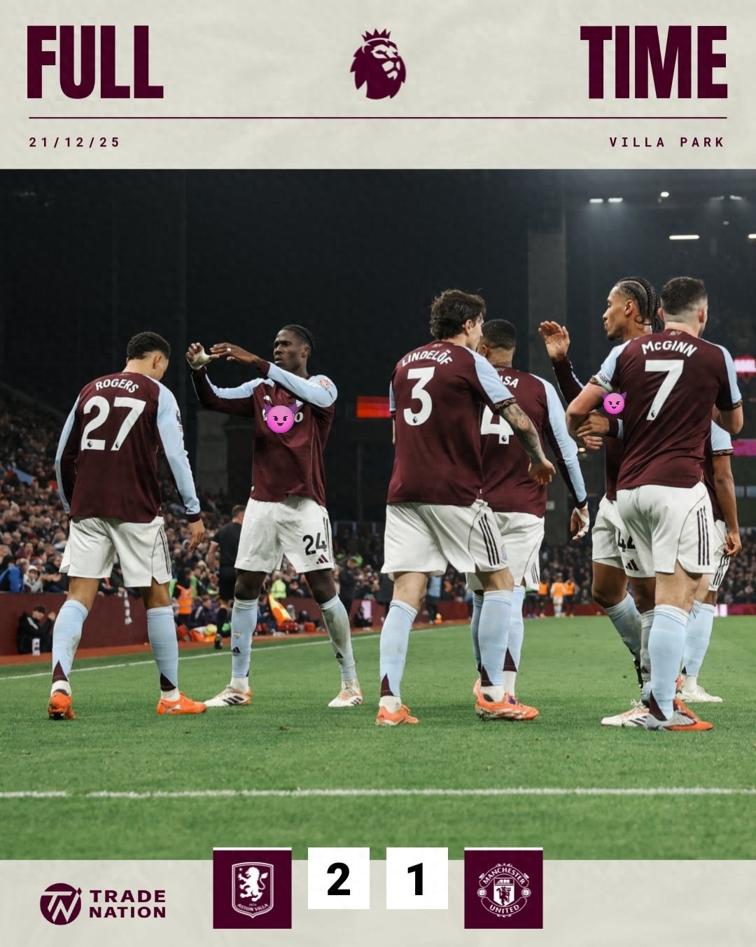 Emery has transformed Villa into a beautiful team, undaunted by a grueling schedule, securing a 2-1 win over Manchester United for their tenth consecutive victory.