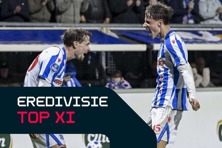 Heerenveen's Jacob Trenskow (L) and Oliver Braude celebrate the latter's goal against Excelsior Heerenveen's Jacob Trenskow (L) and Oliver Braude celebrate the latter's goal against Excelsior