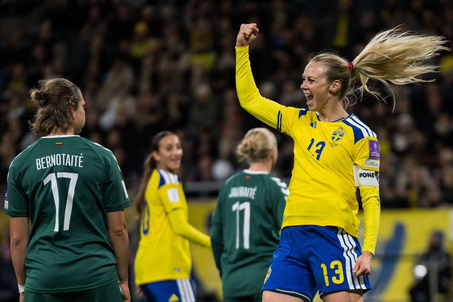 Amanda Ilestedt celebrates scoring Sweden's tenth Amanda Ilestedt celebrates scoring Sweden's tenth