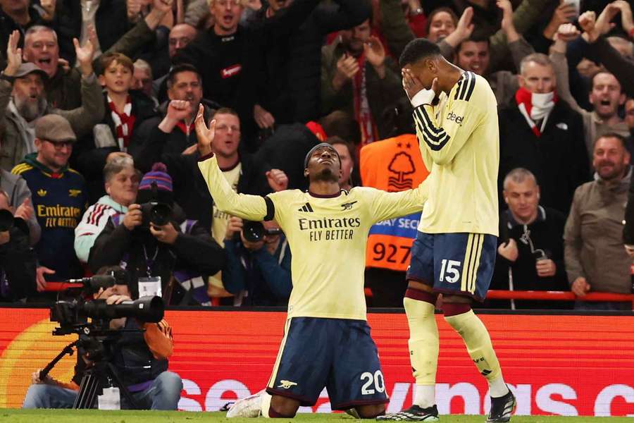 Arsenal's Noni Madueke celebrates scoring their first goal with Ezri Konsa Arsenal's Noni Madueke celebrates scoring their first goal with Ezri Konsa