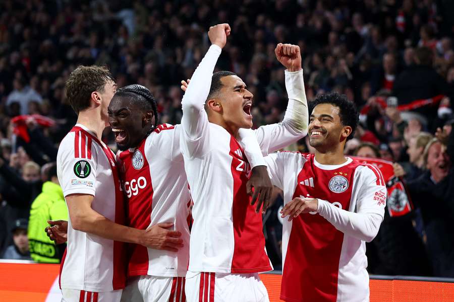 Ajax celebrate Abdellah Ouazane's goal against Atalanta