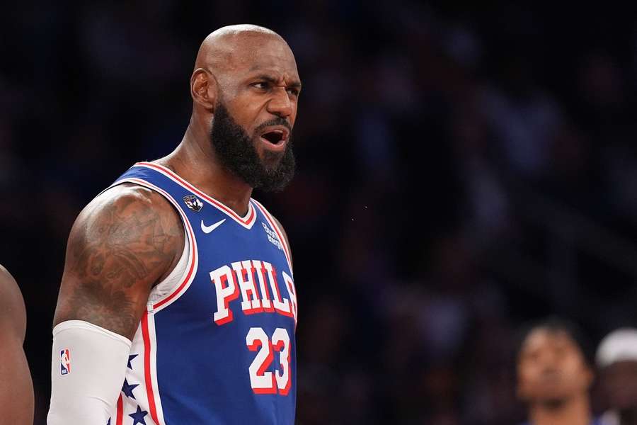 LeBron James reacts during 76ers-Knicks 2026-2027 season opener LeBron James reacts during 76ers-Knicks 2026-2027 season opener