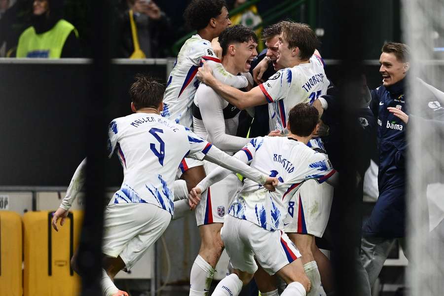 Norway's Jorgen Strand Larsen celebrates after scoring against Italy