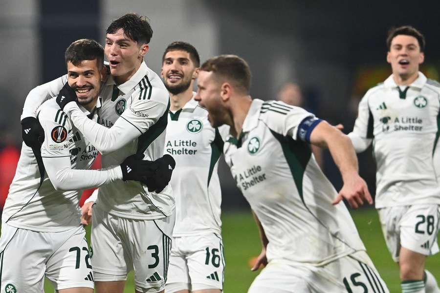 Panathinaikos celebrate beating Viktoria Plzen on penalties to progress in the Europa League.