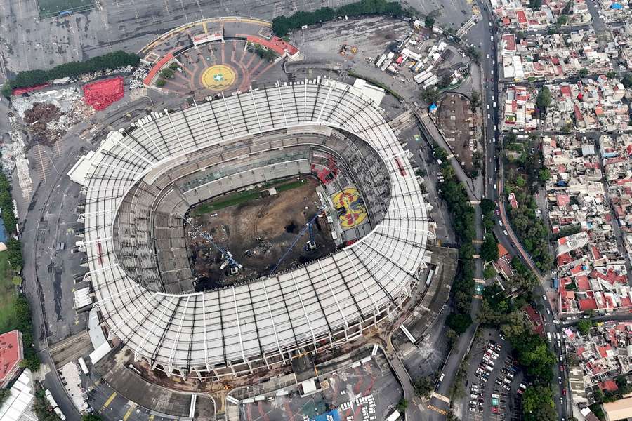An aerial view of the renovation work on the Azteca Stadium