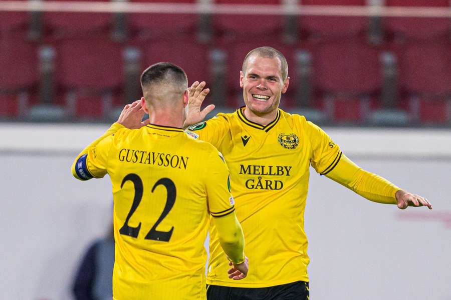 Jesper Gustavsson and Jacob Bergstrom celebrate the opening goal Jesper Gustavsson and Jacob Bergstrom celebrate the opening goal