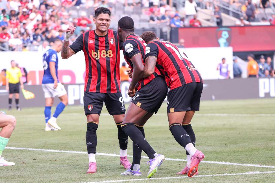 Bournemouth's players celebrate against Everton