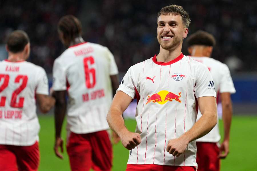 Brajan Gruda celebrates his winner for RB Leipzig Brajan Gruda celebrates his winner for RB Leipzig