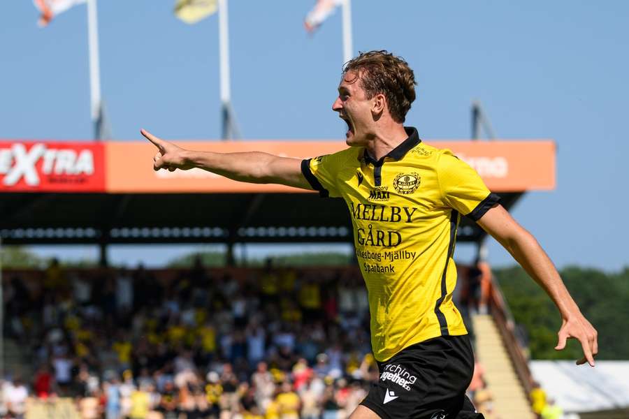 Ludvig Tidstrand celebrates scoring Mjallby's second against AIK
