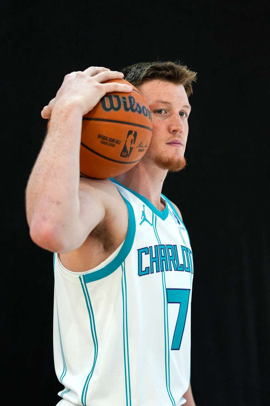 Charlotte Hornets player Kon Knueppel poses during media day Charlotte Hornets player Kon Knueppel poses during media day