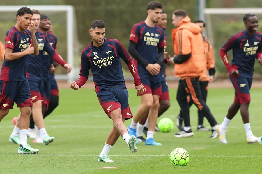 Arsenal's Bruno Guimaraes strikes the ball during the training session ahead of the match vs Lille Arsenal's Bruno Guimaraes strikes the ball during the training session ahead of the match vs Lille