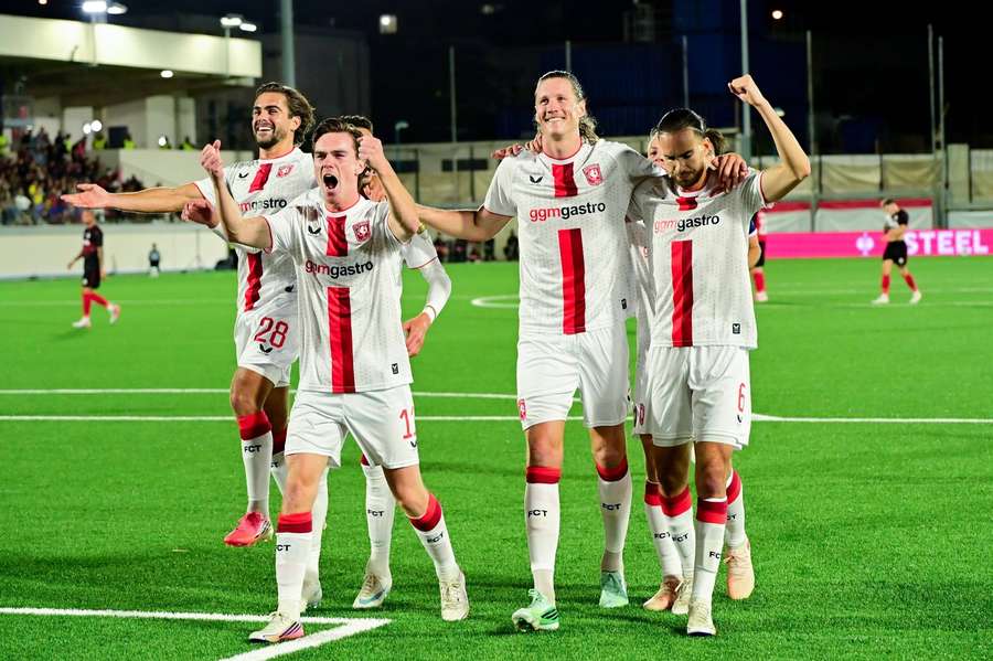 FC Twente celebrate Wout Weghorst's goal against Lincoln Red Imps