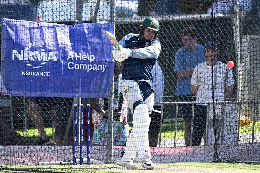 Usman Khawaja bats in the nets at The Gabba on Monday afternoon. 