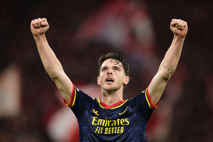 Declan Rice celebrates after scoring in Munich Declan Rice celebrates after scoring in Munich
