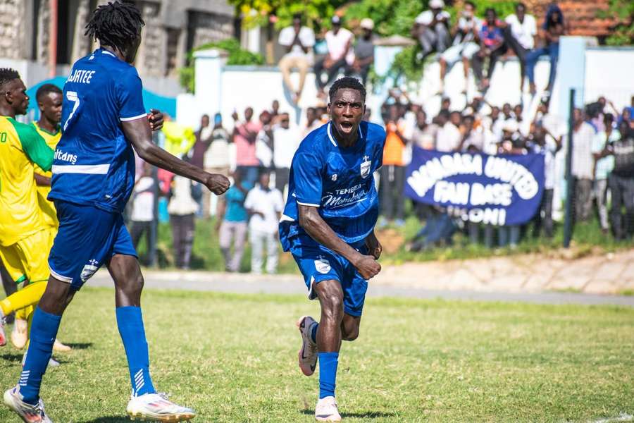 Dennis Mabeya celebrate putting Mombasa United ahead Dennis Mabeya celebrate putting Mombasa United ahead