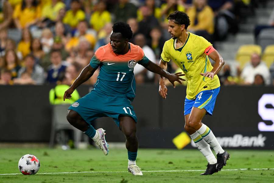 Nestory Irankunda of Australia and Marquinhos of Brazil battle for the ball Nestory Irankunda of Australia and Marquinhos of Brazil battle for the ball