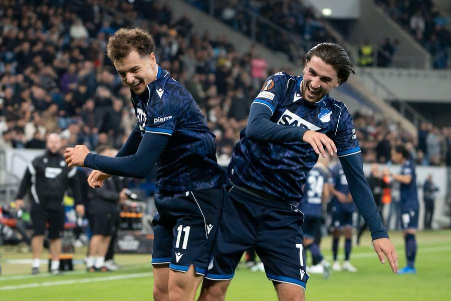 Hoffenheim celebrate their equaliser Hoffenheim celebrate their equaliser