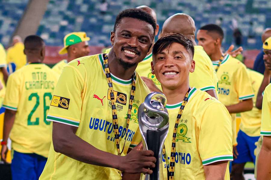 Teboho Mokoena and Marcelo Allende celebrate their MTN8 success