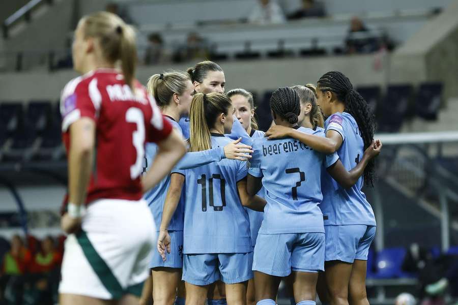 The Netherlands celebrate Esmee Brugts' goal against Hungary The Netherlands celebrate Esmee Brugts' goal against Hungary
