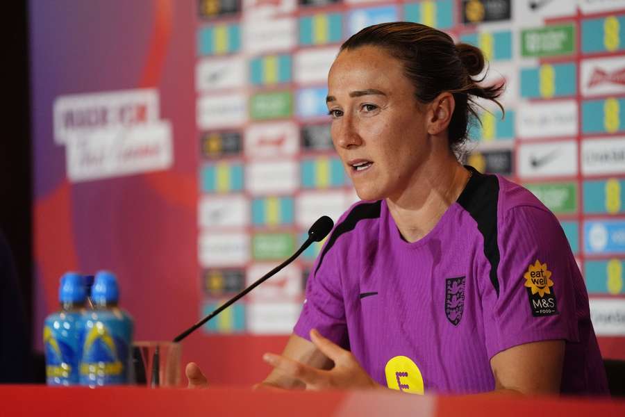 England defender Lucy Bronze speaks during her press conference