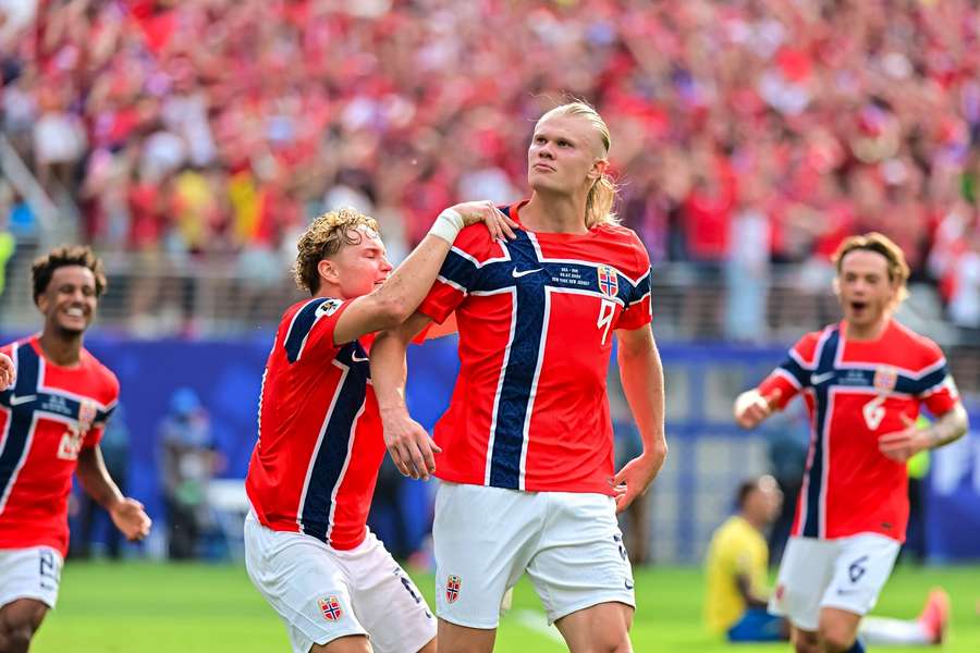 Erling Haaland celebrating his two goals against Brazil in the World Cup Round of 16. 