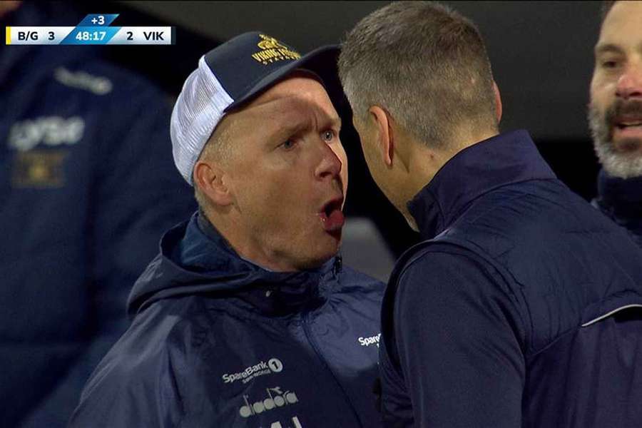 Tempers flaring between Viking coach Morten Jensen and Bodo/Glimt' s Kjetil Knutsen Tempers flaring between Viking coach Morten Jensen and Bodo/Glimt' s Kjetil Knutsen