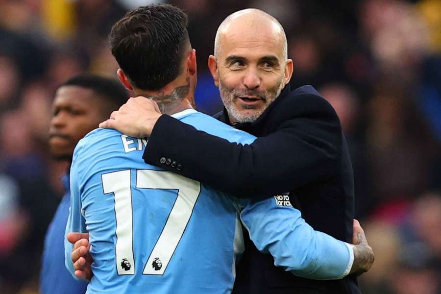 Manchester City manager Enzo Maresca and Enzo Fernandez celebrate after the match Manchester City manager Enzo Maresca and Enzo Fernandez celebrate after the match
