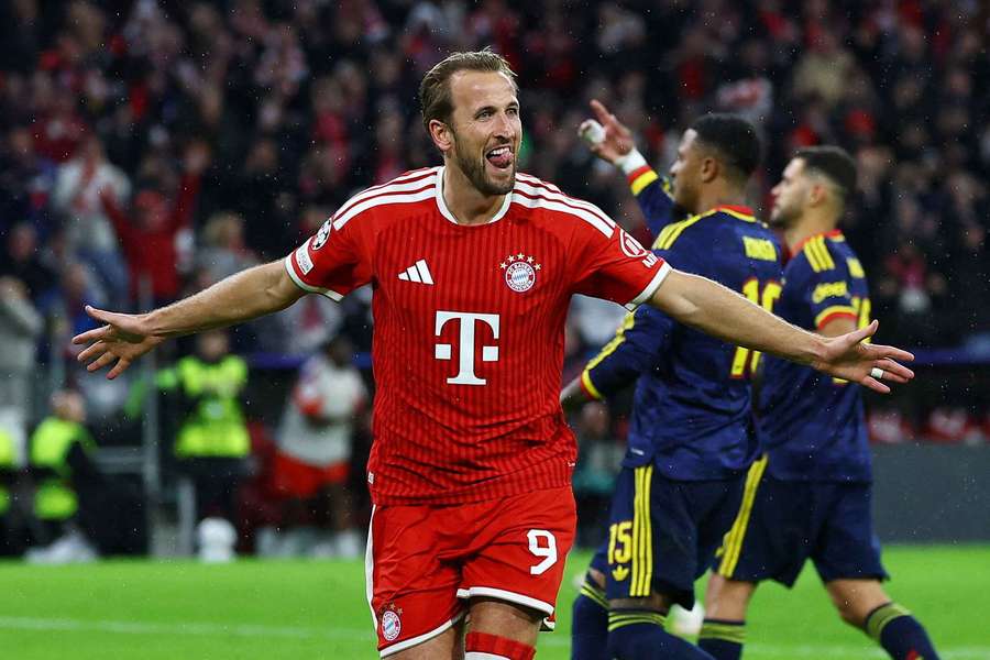 Harry Kane celebrating Bayern Munich's second goal against Arsenal during the week. Harry Kane celebrating Bayern Munich's second goal against Arsenal during the week.