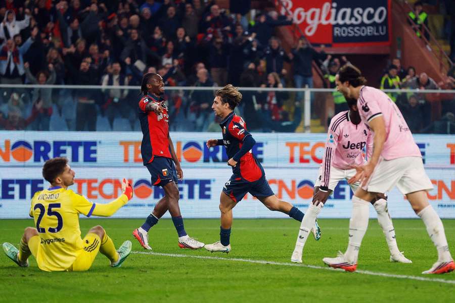 Genoa's Tommaso Baldanzi celebrates scoring their second goal Genoa's Tommaso Baldanzi celebrates scoring their second goal