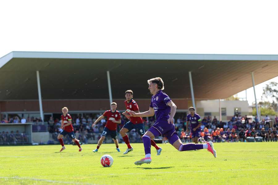 Sebastian Despotovski controls the ball during a pre-season practice match in Northam.