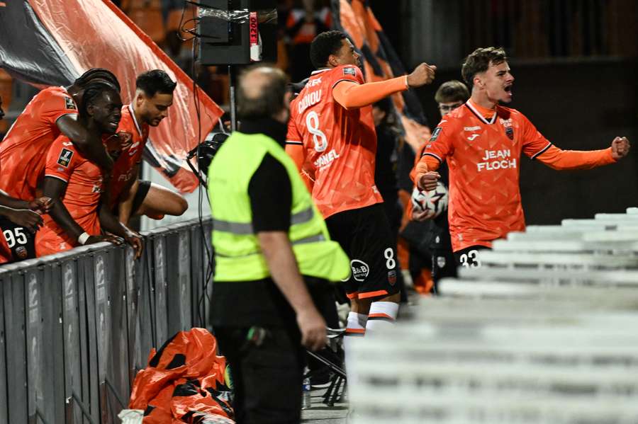 Lorient celebrate winning goal Lorient celebrate winning goal
