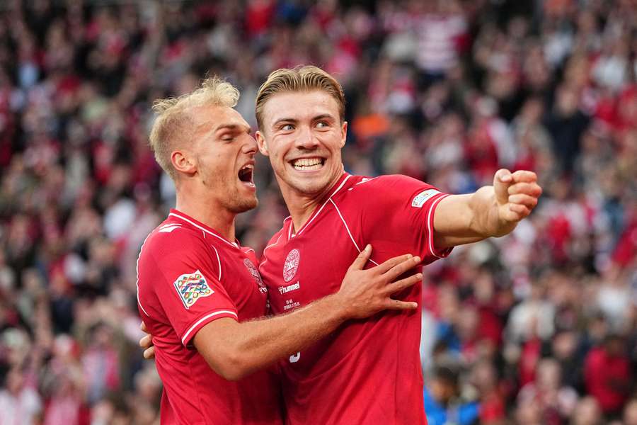 Denmark's Gustav Isaksen and Rasmus Hojlund celebrate Denmark's Gustav Isaksen and Rasmus Hojlund celebrate