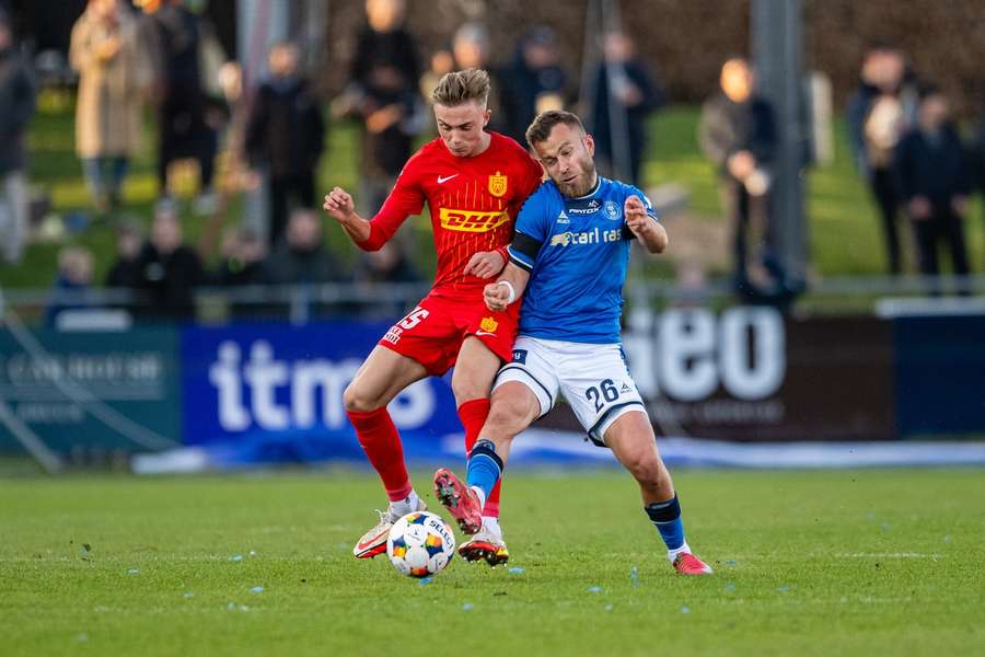 FC Nordsjaelland's Noah Markmann and Lyngby's Frederik Gytkjaer battle for the ball FC Nordsjaelland's Noah Markmann and Lyngby's Frederik Gytkjaer battle for the ball