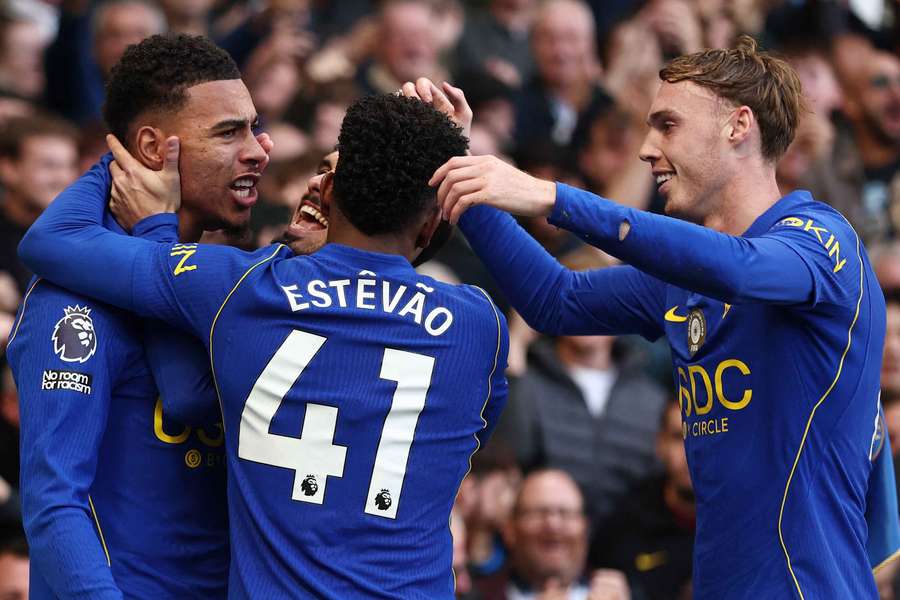 Chelsea's Morgan Rogers celebrates scoring their first goal with Cole Palmer, Estevao and Pedro Neto Chelsea's Morgan Rogers celebrates scoring their first goal with Cole Palmer, Estevao and Pedro Neto