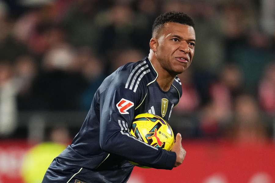 Kylian Mbappe of Real Madrid celebrates after scoring against Girona