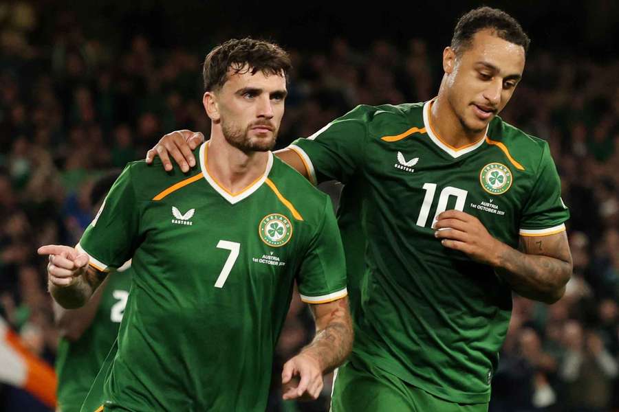 Republic of Ireland's Troy Parrott celebrates scoring their second goal with Adam Idah Republic of Ireland's Troy Parrott celebrates scoring their second goal with Adam Idah