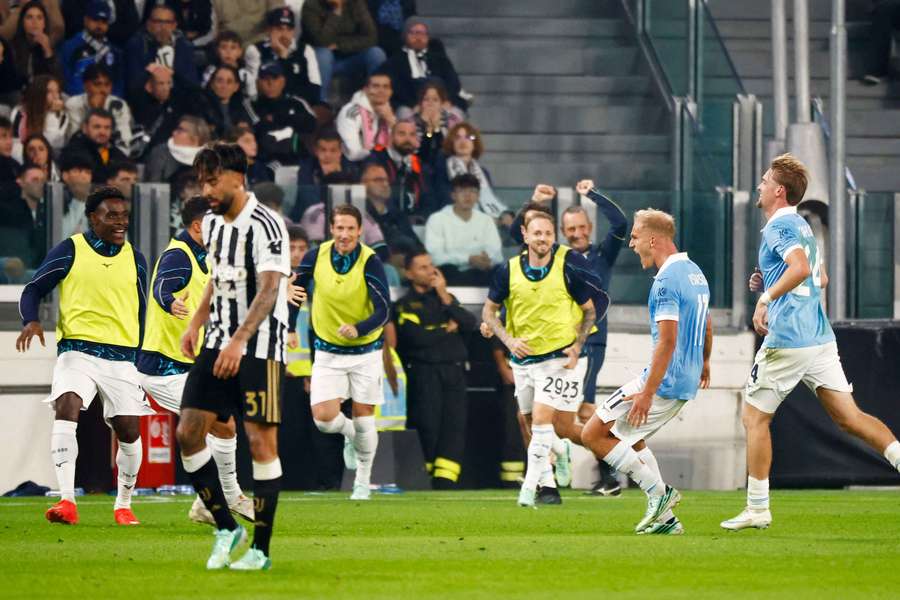 Lazio's Gustav Isaksen celebrates scoring