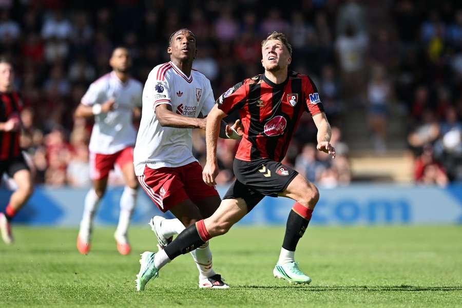 Liverpool's Jeremy Jacquet battles for possession with Bournemouth's Adrien Truffert