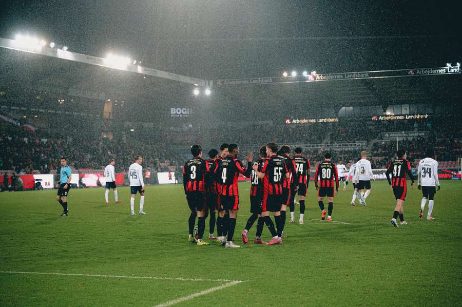 FC Midtjylland's players celebrate yet another goal against FC Nordsjaelland