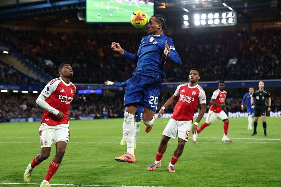 Chelsea's Joao Pedro heads goalwards during the game vs Arsenal