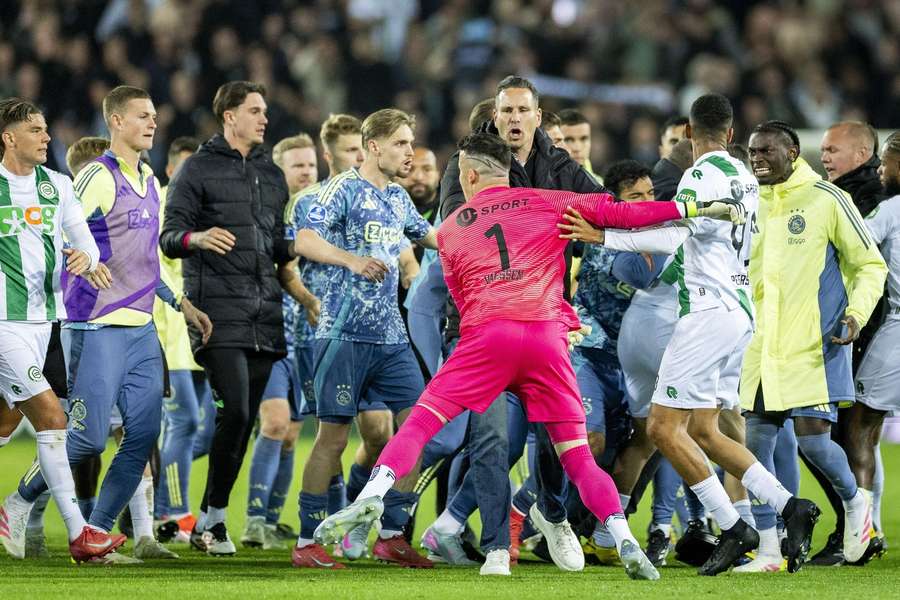 FC Groningen's Etienne Vaessen (#1) was seen fighting after the Eredivisie match against Ajax FC Groningen's Etienne Vaessen (#1) was seen fighting after the Eredivisie match against Ajax
