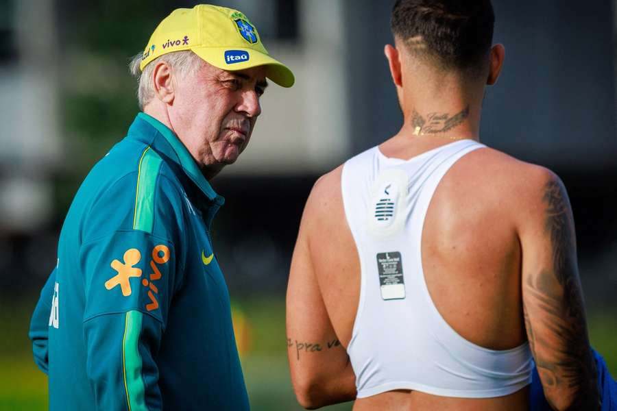 Brazil boss Carlo Ancelotti (L) in training Brazil boss Carlo Ancelotti (L) in training