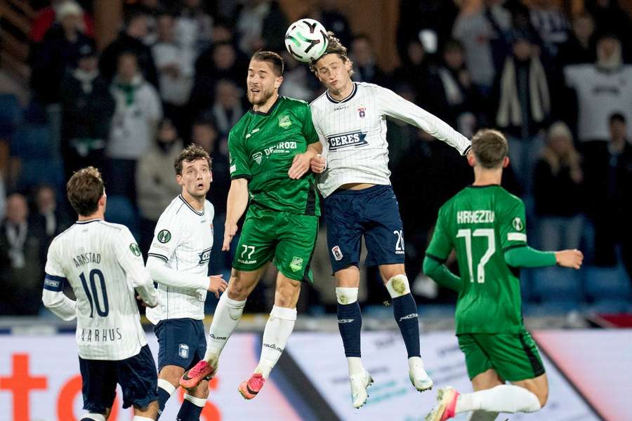 Egnatia's Gruda Ildi in action with AGF's Jacob Andersen during the UEFA Conference League match