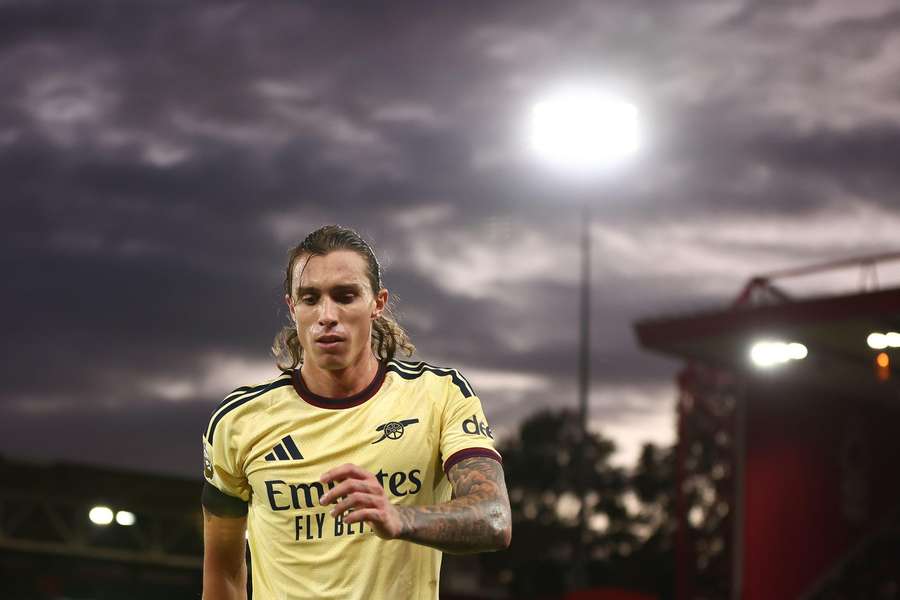 Arsenal's Riccardo Calafiori during the game against Nottingham Forest 