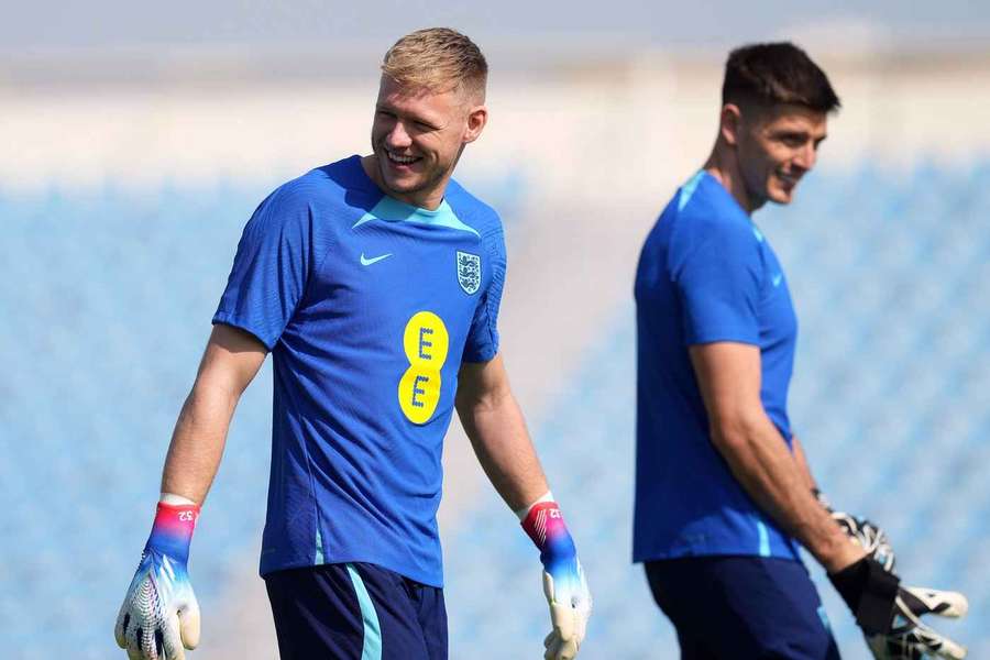 England goalkeepers Aaron Ramsdale and Nick Pope during a training session on Friday November 18, 2022.