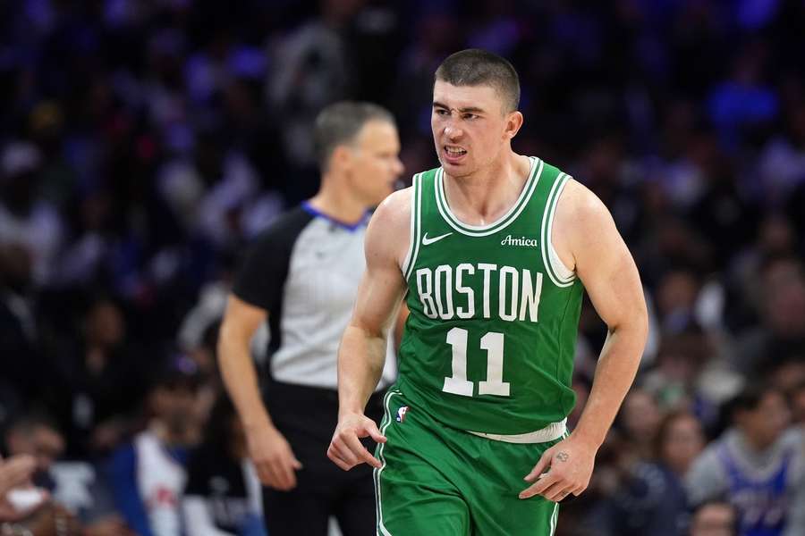 Payton Pritchard shows emotion after scoring against the Philadelphia 76ers in preseason 