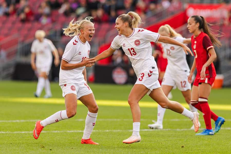 Pernille Harder celebrates Denmark's second goal against Canada Pernille Harder celebrates Denmark's second goal against Canada