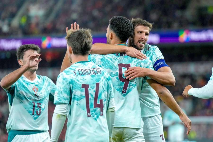 Portugal's Goncalo Ramos celebrates scoring their second goal with Ruben Dias, Francisco Conceicao and Joao Neves Portugal's Goncalo Ramos celebrates scoring their second goal with Ruben Dias, Francisco Conceicao and Joao Neves