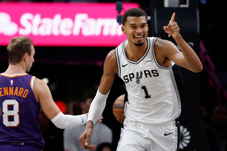 Wembanyama celebrates after scoring during 206 NBA preseason Wembanyama celebrates after scoring during 206 NBA preseason