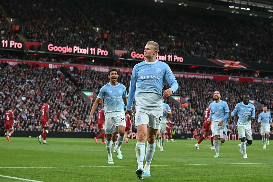 Erling Haaland celebrates scoring Manchester City's opening goal